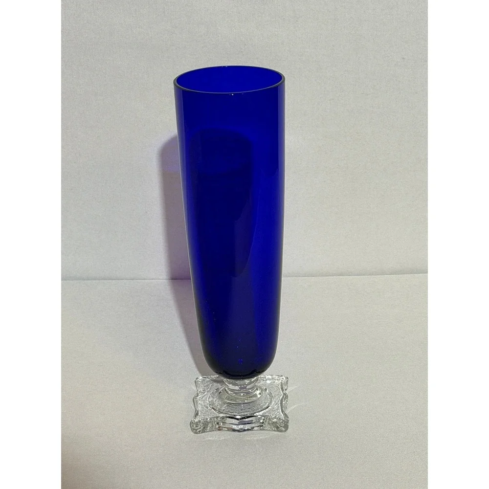 Vintage‎ Cobalt Blue Glass Bud Vase with Clear Scalloped Square Pedestal Base